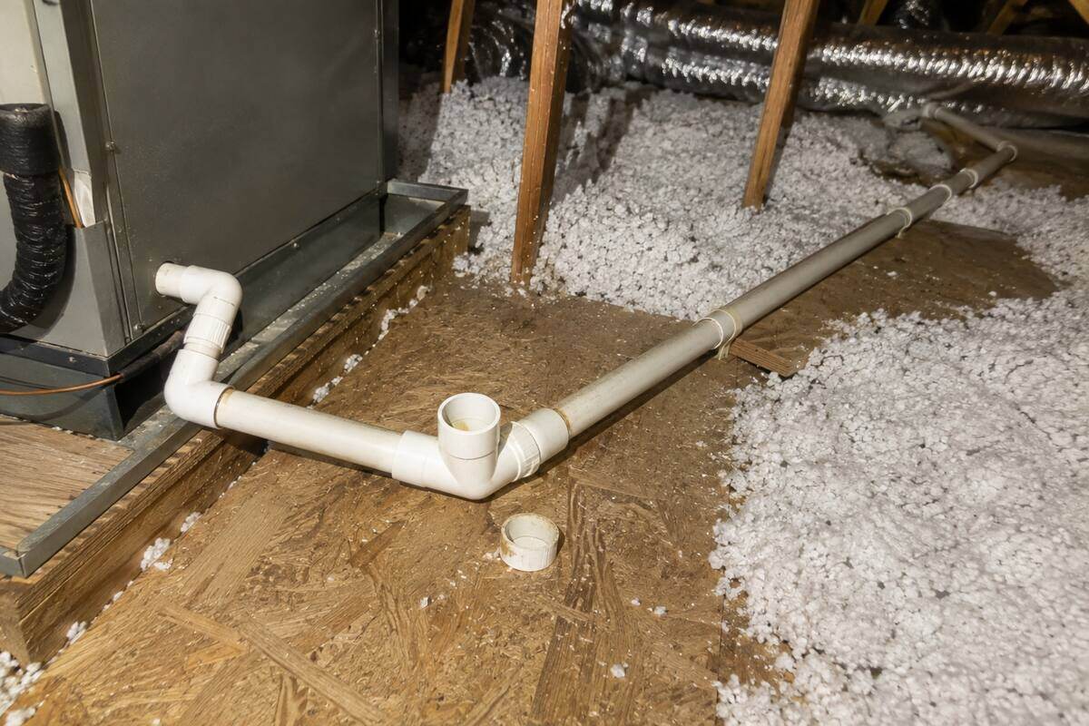 Condensate drain line with an open cleanout tee beside an air handler cabinet in an attic