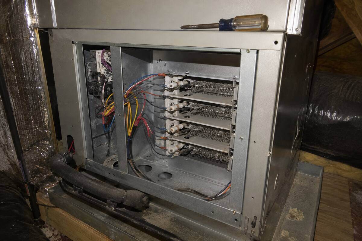 Open access panel on an indoor air handler showing an electric heat strip element block and its wiring
